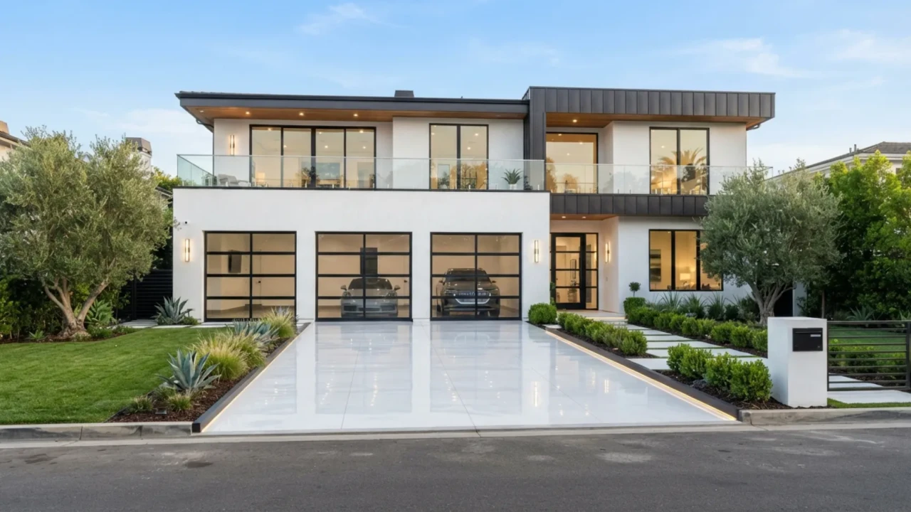 Modern white home with glass garage doors and a tone matched concrete driveway
