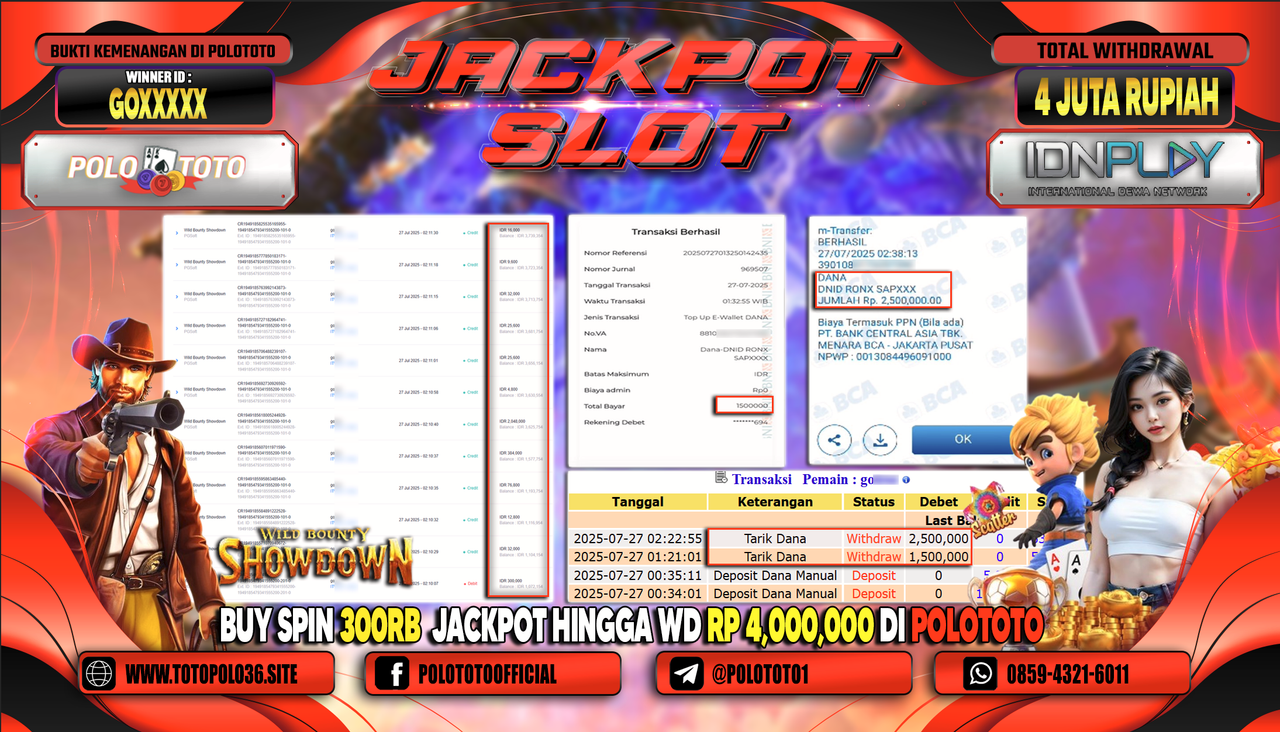 POLOTOTO JACKPOT SLOT WILD BOUNTY SHOWDOWN Rp.4.000.000,- LUNAS