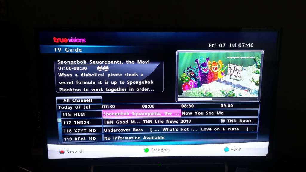 EPG shows the second movie's plot: 'When a diabolical pirate steals a secret formula it is up to SpongeBob [&] Plankton to work together'... Inset image is Spongebob and Patrick on their way to Shell City, from the first movie