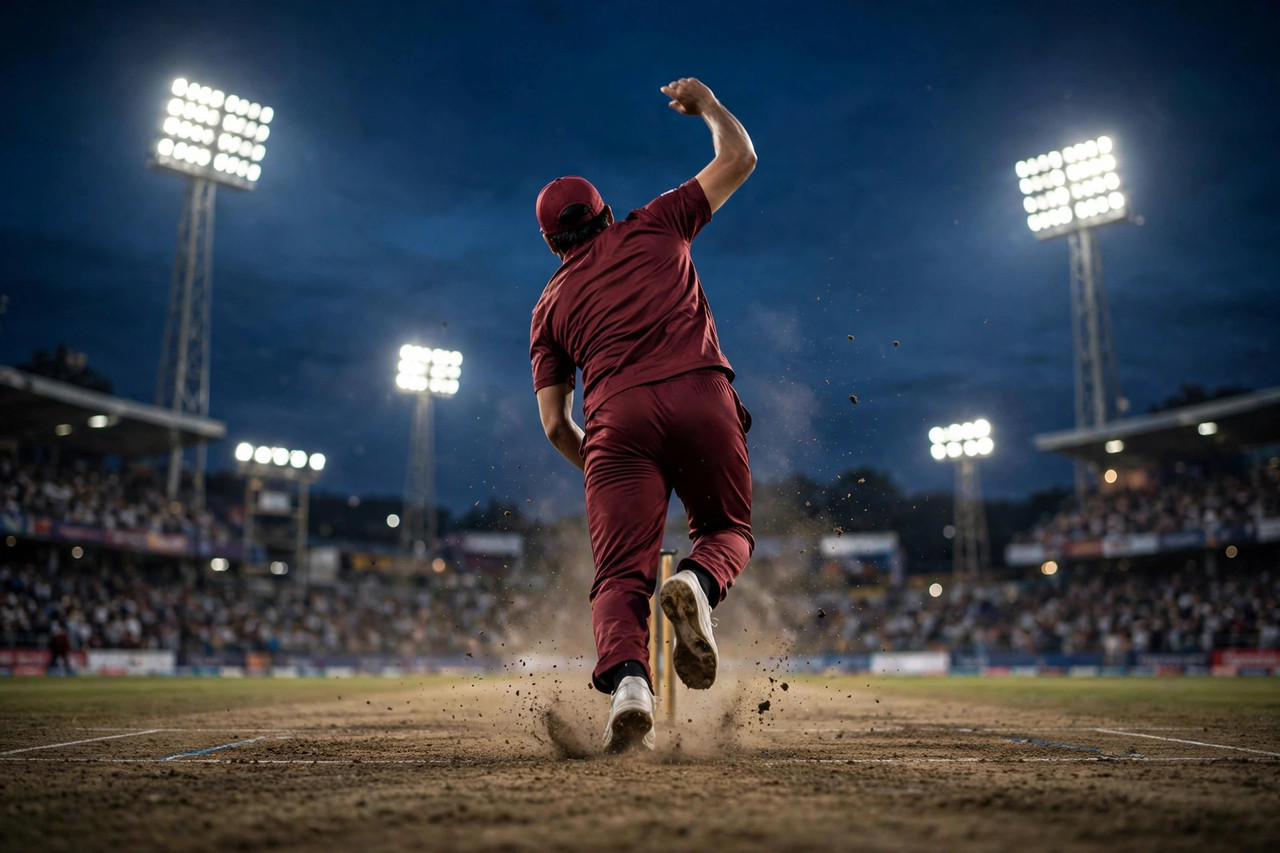 Fast bowler in delivery stride under stadium lights during an ODI