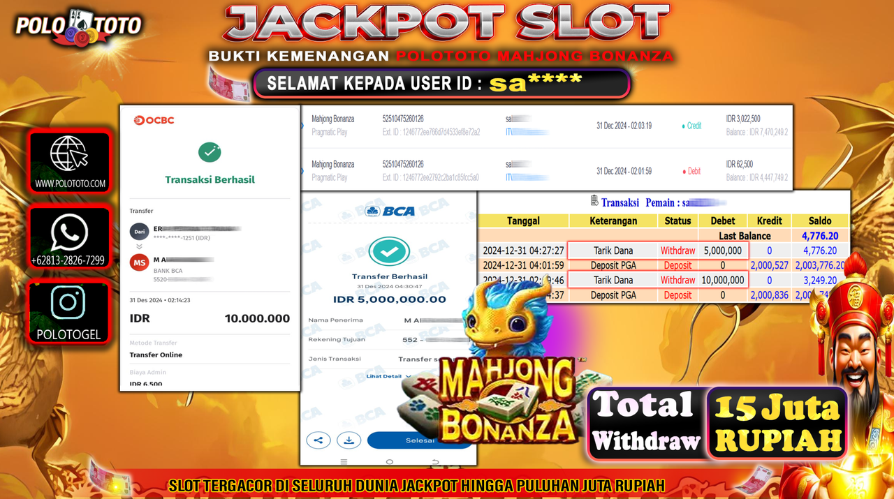POLOTOTO JACKPOT SLOT MAHJONG BONANZA Rp.15,000.000,-