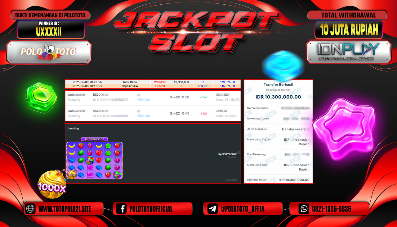 POLOTOTO JACKPOT SLOT SWEET BONANZA 1000 Rp.10.300.000,- LUNAS