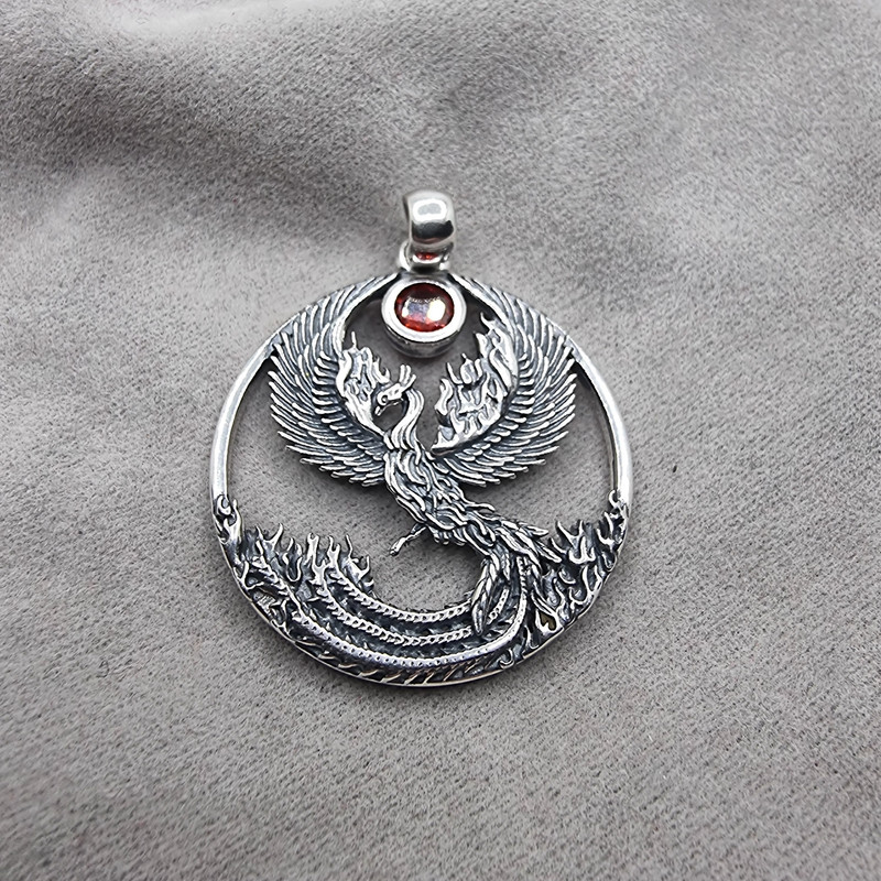 925 Sterling Silver Phoenix Rising Pendant with Sun-Inspired Garnet