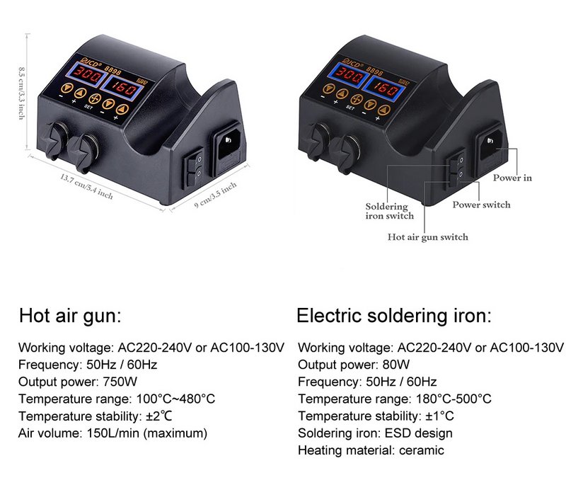 JCD 8898 2 in 1 750W Soldering Station Hot Air Heater LCD Digital Display Soldei