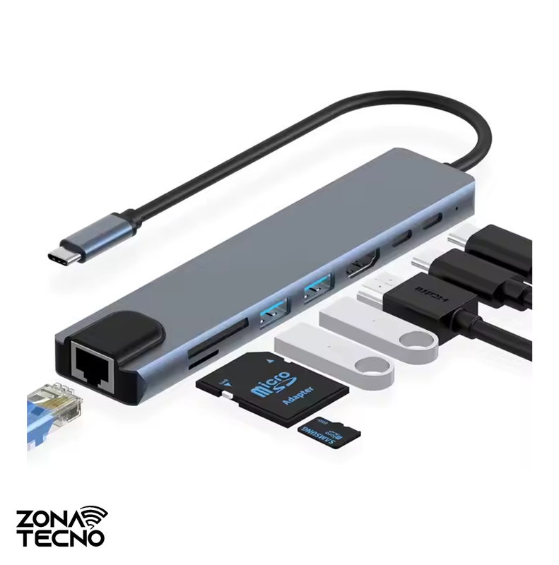 Hub Tipo C A 8 Multipuertos Con Rj45 Usb 3 0 Cod 0903