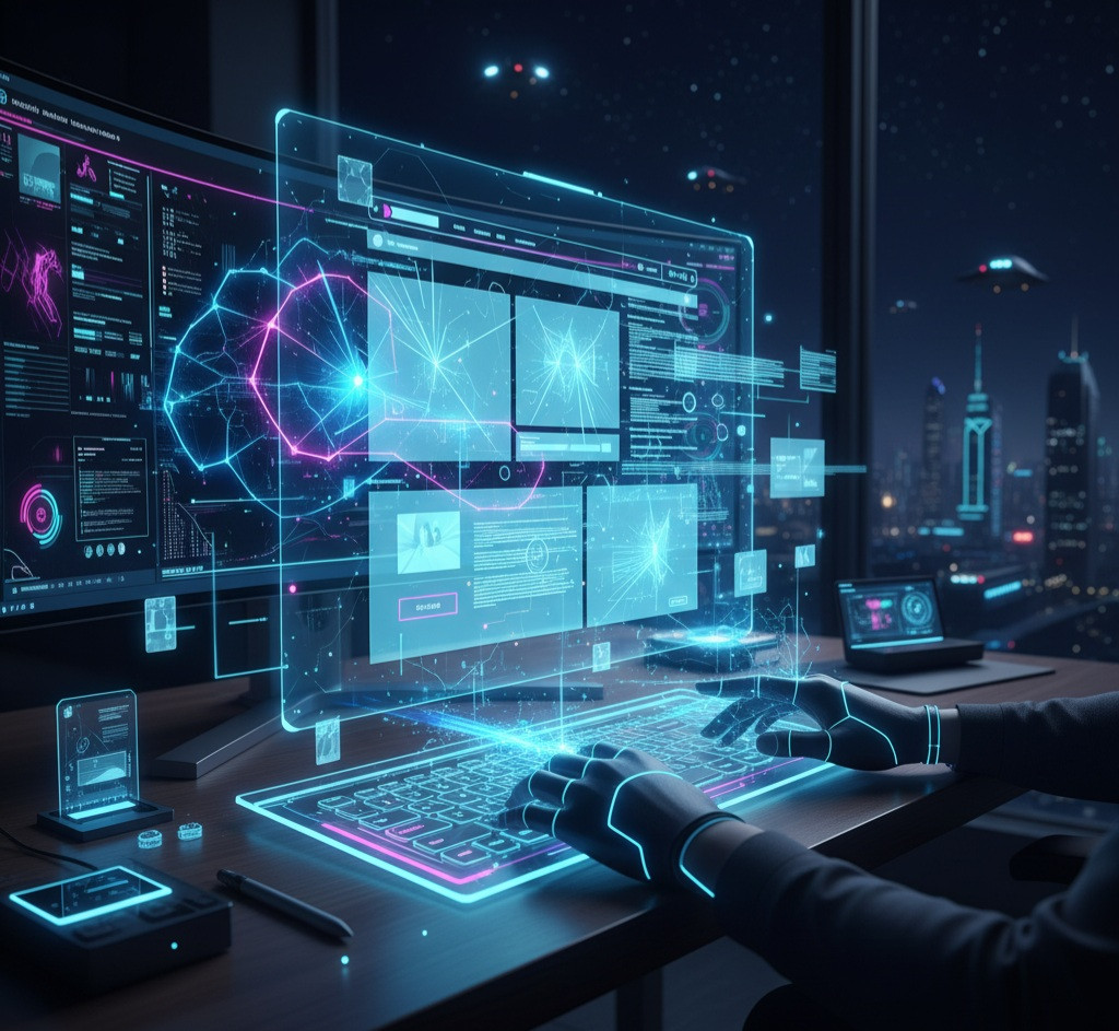 An abstract, stylized image showing different website icons and design elements being built on a glowing blue grid, symbolizing the systematic approach to building a website.