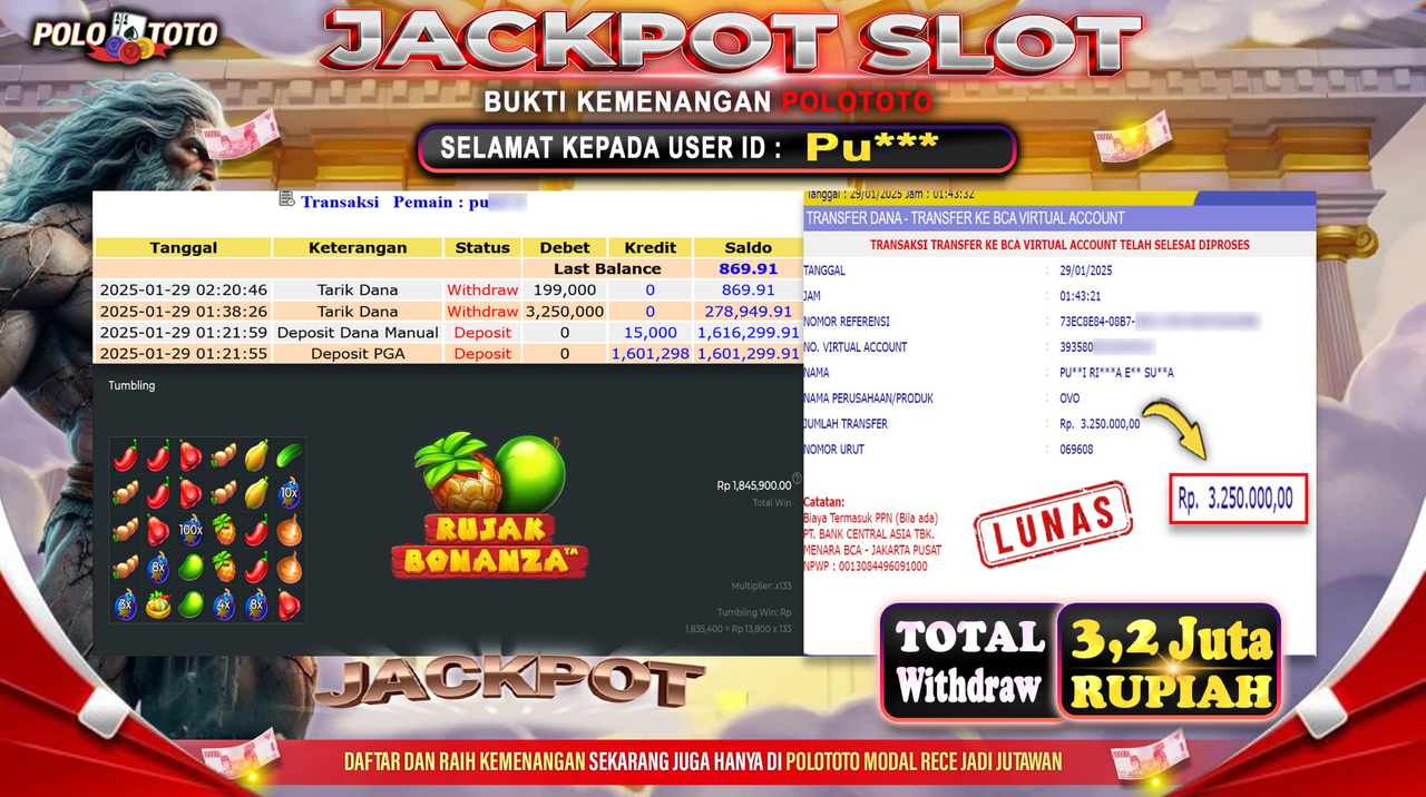 POLOTOTO JACKPOT SLOT RUJAK BONANZA Rp.3,200.000,- 