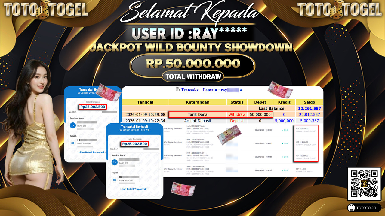 Bukti Pembayaran Jackpot Permainan Slot Wild Bounty Showdown  ID:RAY**** LUNAS
