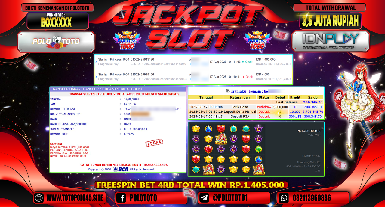 POLOTOTO JACKPOT SLOT STARLIGHT PRINCESS 1000 Rp.3.500.000,-