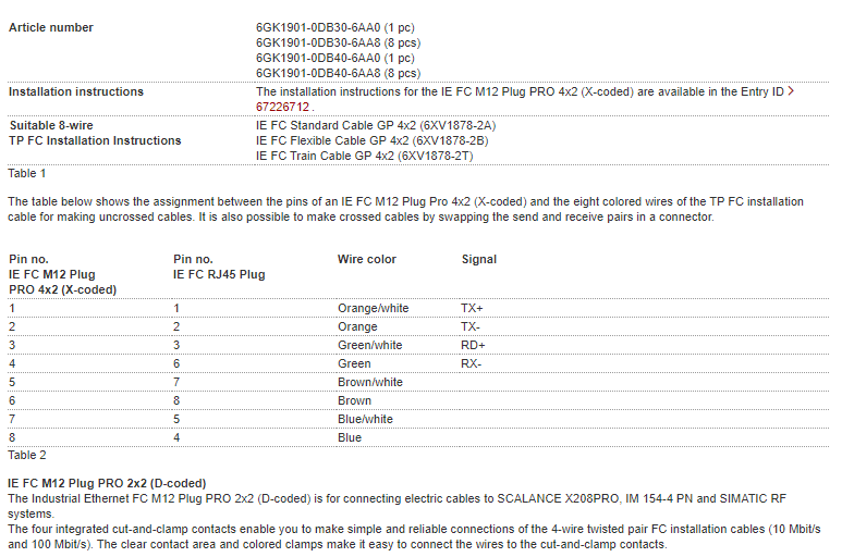 Simatic IE FC M12 Plug PRO pinout Simatic IE FC M12 Plug PRO pinout