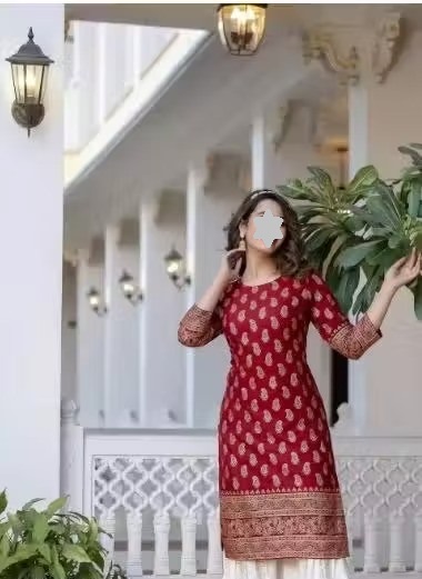 AAA Fashion Premium Printed Rayon Latest trend kurti comfortable feel ultimate highlited Printed design stunning look new look kurta palazzoo set (RED-WHITE) Color 1 (KS130)