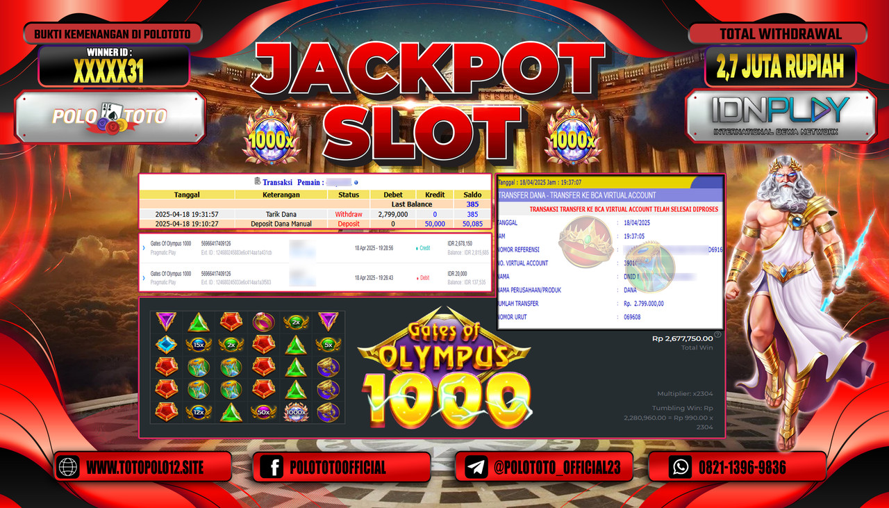 POLOTOTO JACKPOT SLOT GATES OF OLYMPUS 1000 Rp.2.799.000,-