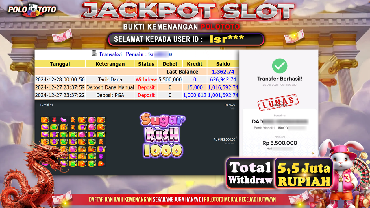 POLOTOTO JACKPOT SLOT SUGAR RUSH 1000 Rp.5,500.000,-