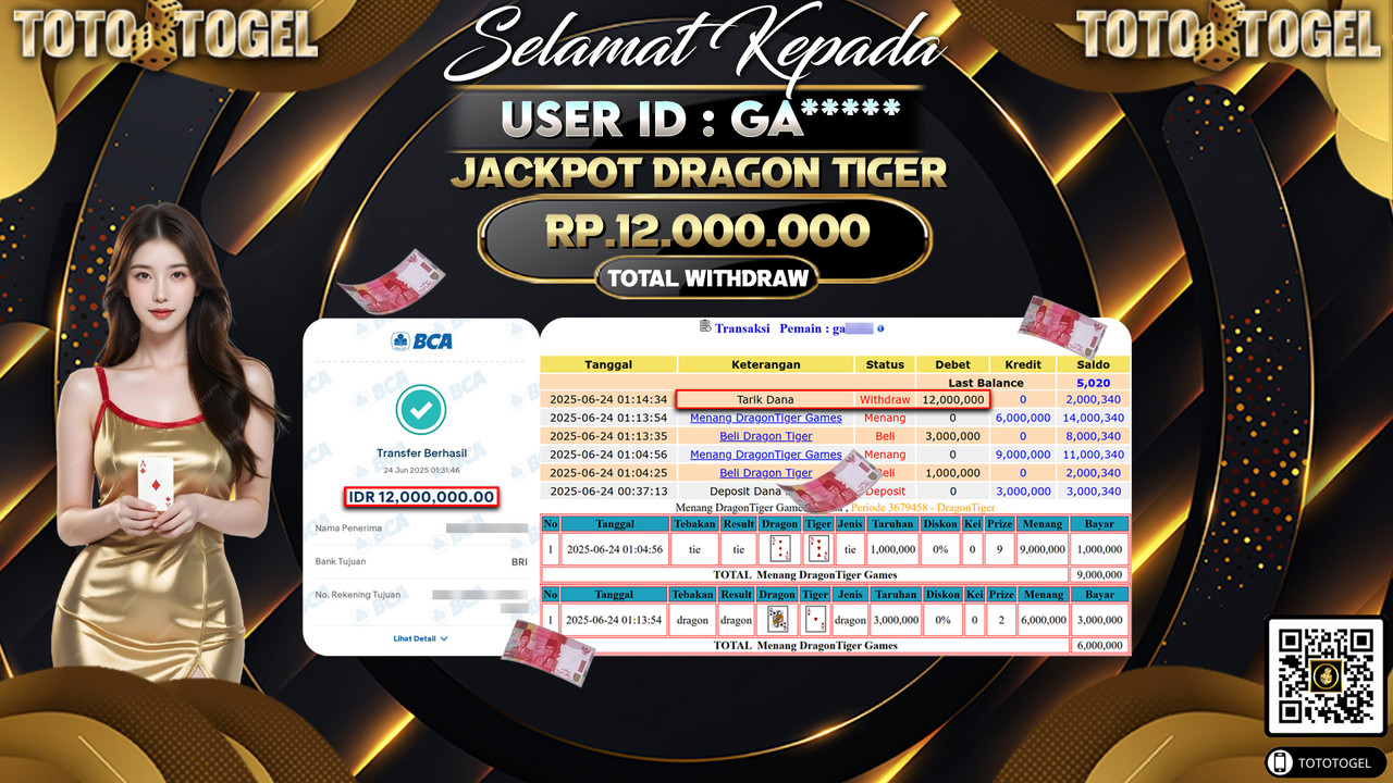 Bukti Pembayaran Jackpot Permainan Live Game Dragon Tiger ID:GA***** LUNAS