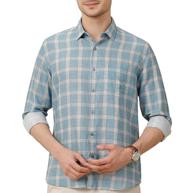 Linen Club Men’s Linen Rich Blue Checked Full Sleeve Casual Shirt