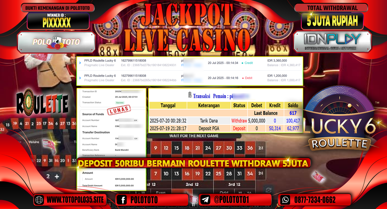 POLOTOTO JACKPOT LIVE CASINO PPLD ROULETTE LUCKY 6 Rp.5.000.000,- LUNAS
