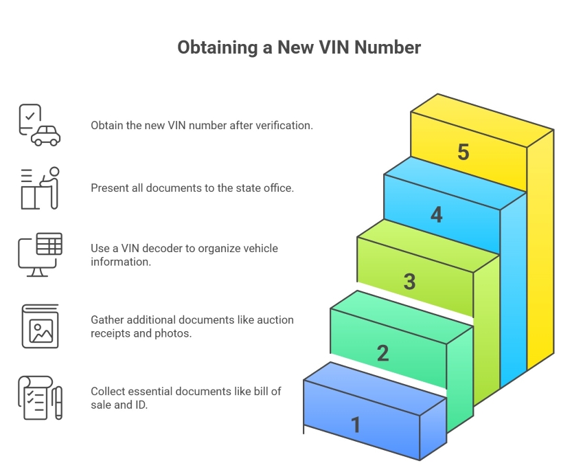Five-step infographic showing the process of obtaining a new VIN number