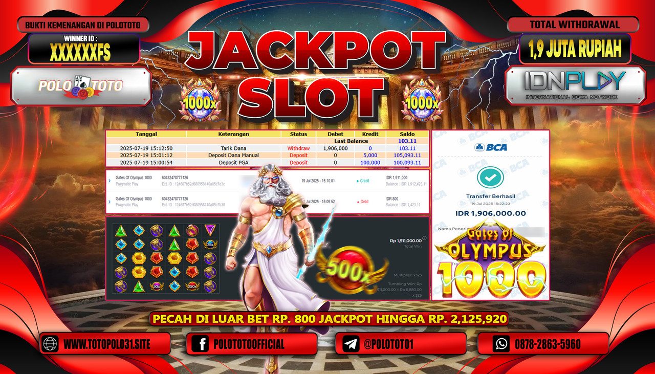 POLOTOTO JACKPOT SLOT GATES OF OLYMPUS 1000 Rp.1.906.000,- LUNAS