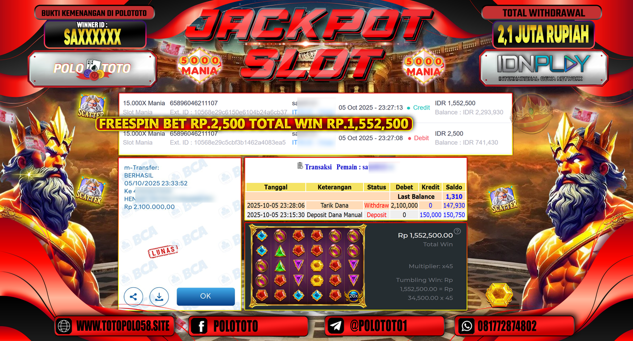 POLOTOTO JACKPOT SLOT 15.000 X MANIA Rp.2.100.000,- LUNAS