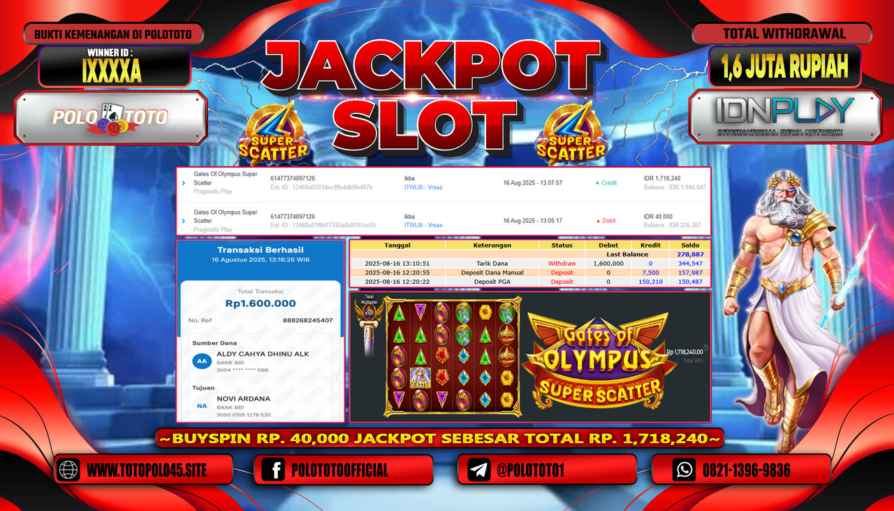 POLOTOTO JACKPOT SLOT GATES OF OLYMPUS SUPER SCATTER Rp.1.600.000,- LUNAS