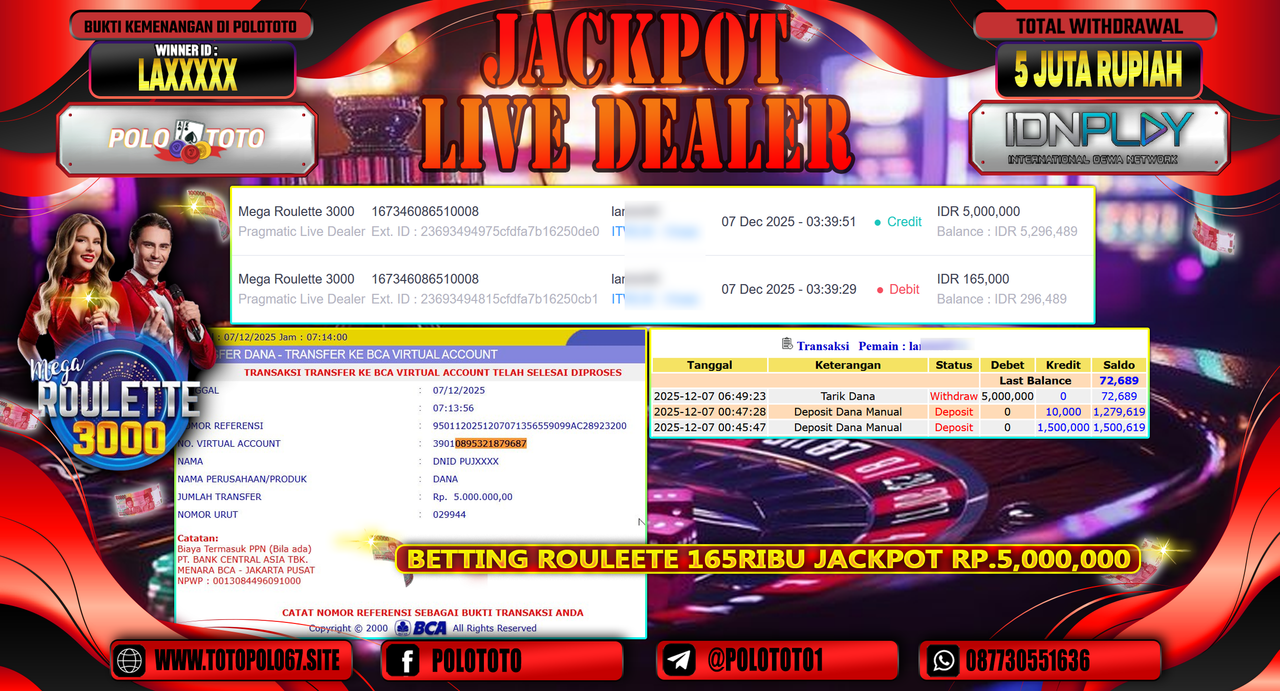 POLOTOTO JACKPOT LIVE DEALER MEGA ROULETTE 3000 Rp.5.000.000,- LUNAS
