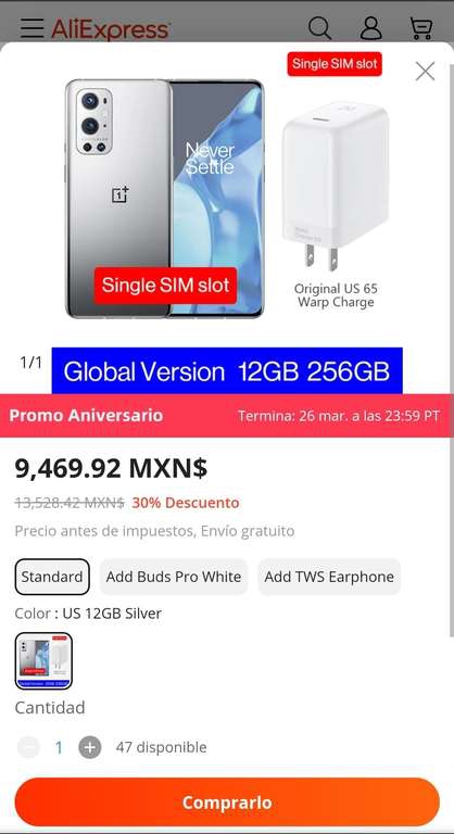 AliExpress: ONEPLUS 9 PRO 5G ( 12GB/256GB ) versión global 
