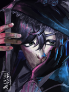 digital portrait of Raven by Crestonia on Art Fight. Raven's face is illuminated by a bright white light from the front, pink light from the left, and blue light from the right.