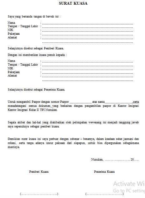 Surat kuasa pengambilan paspor. Pengambilan paspor dapat diwakilkan oleh orang lain yang memiliki hukum kekeluargaan maupun orang lain yang tidak memiliki hukum kekeluargaan.