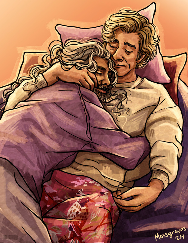 An image of Stede and Ed lying on a pile of pillows, with Ed resting on Stede's chest. Stede is wearing a cream shirt and magenta pants with the floral and bird pattern from the breakup robe in the show. Ed is wearing a purple shirt and grey pants. Ed has an arm wrapped around Stede's waist, and Stede has one around Ed's shoulders. They both look relaxed and content.