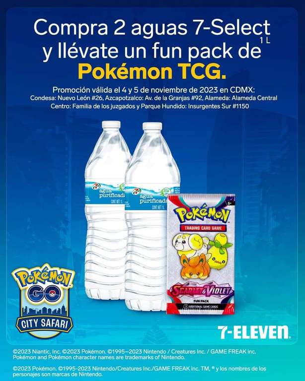7 Eleven: Paquete TCG Pokemon gratis comprando 2 aguas SELECT 
