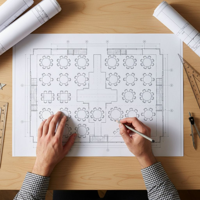 Планирование расстановки мебели на схеме зала перед тем, как будет оформлена аренда столов для мероприятия.