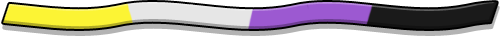 An image of a horizontal ribbon resembling the nonbinary pride flag. Starting from the left it has yellow, white, purple, and black vertical stripes