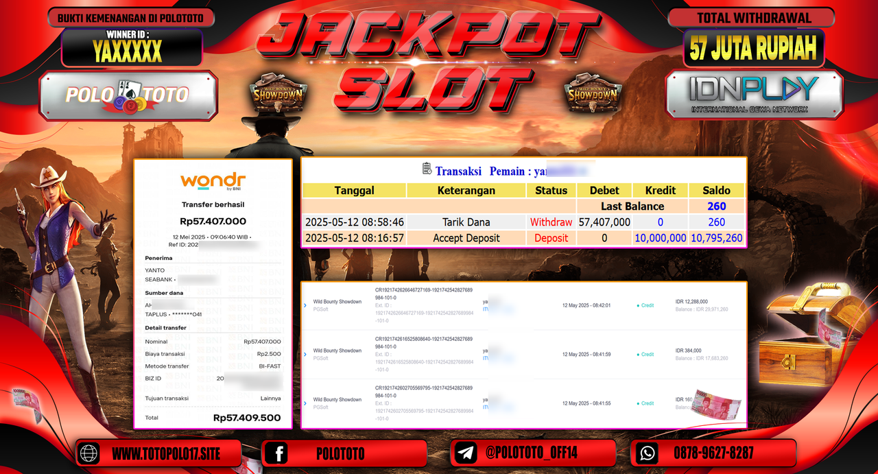 POLOTOTO JACKPOT SLOT WILD BOUNTY SHOWDOWN Rp.57.407.000,-