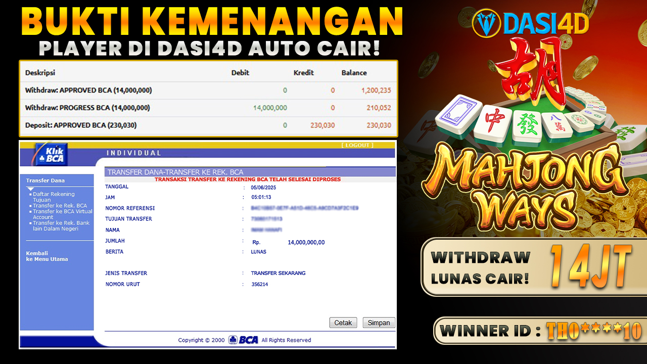 BUKTI KEMENANGAN 05 JUNI 2025 DI MAHJONG WAYS WD 14 JUTA