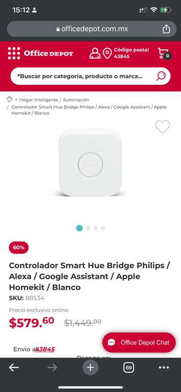 Office Depot: Controlador Smart Hue Bridge Philips / Alexa / Google Assistant / Apple Homekit / Blanco 

