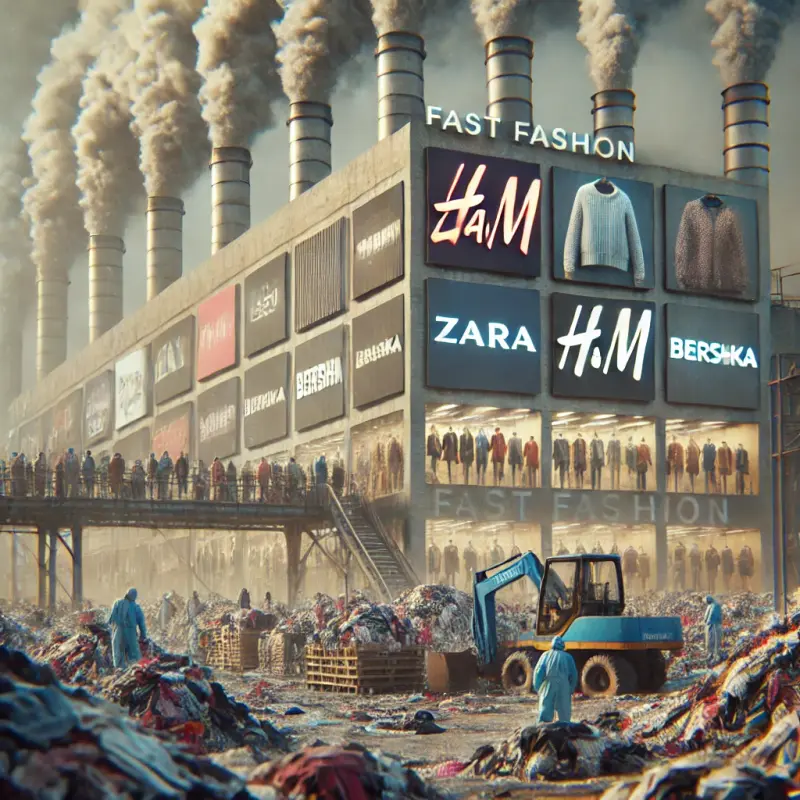 A highly realistic picture of the environmental impact of fast fashion, showcasing textile waste in landfills and ocean pollution from synthetic fabrics like polyester.