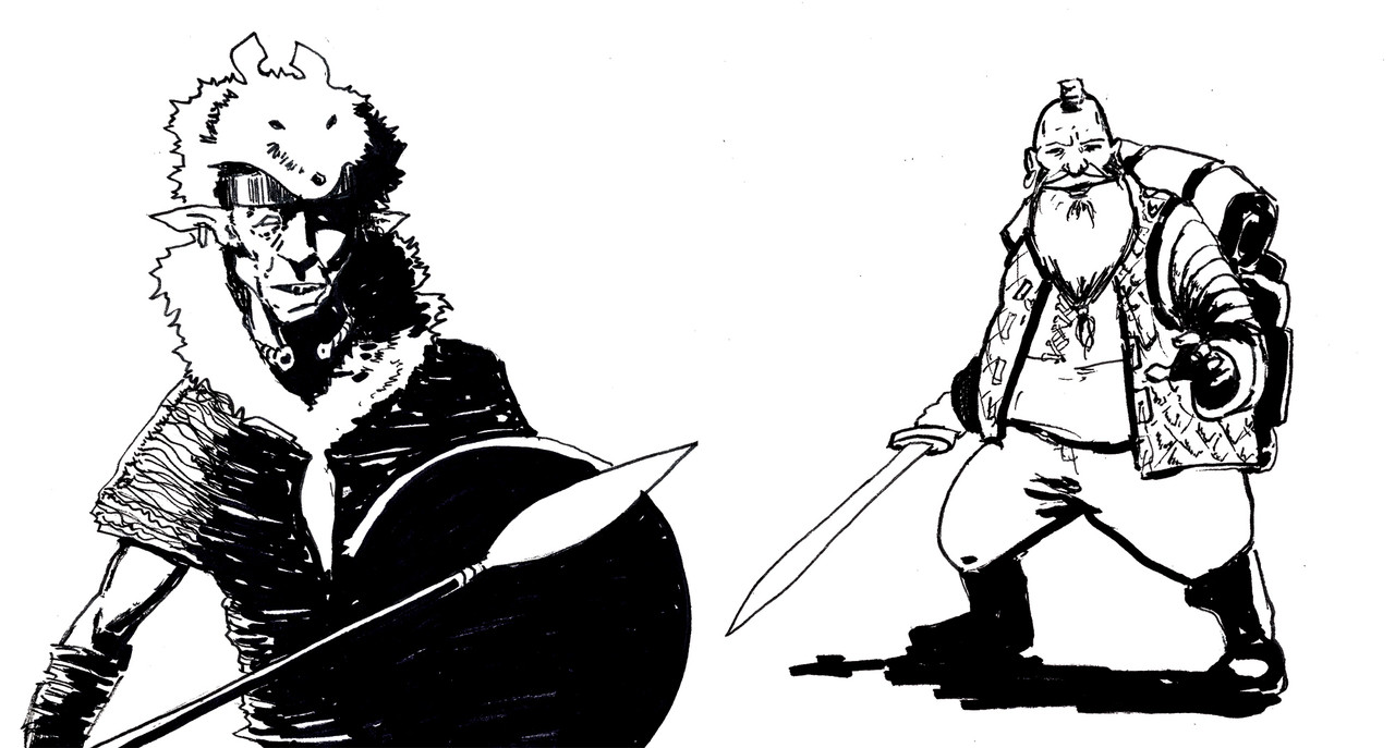 A goblin warrior and a dwarf thief