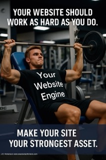 Illustration of a strong weight lifter lifting a heavy barbell, with bold text overlay reading ‘Your Website Engine’ symbolizing powerful website performance and strength.