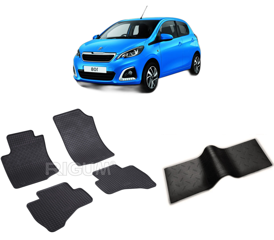 Set covorase auto PEUGEOT 108 din 07.2014-11.2021, cu covoras tunel median, CAROSERIE HATCHBACK, Presuri cauciuc 100%, compatibil cu autoturismul PEUGEOT 108, Rigum