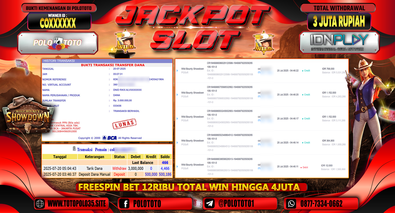 POLOTOTO JACKPOT SLOT WILD BOUNTY SHOWDOWN Rp.3.000.000,- LUNAS