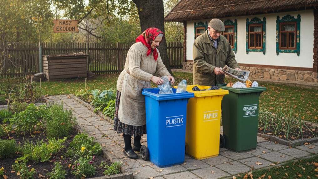 Раздельный сбор отходов в частном доме - пожилая пара сортирует мусор по цветным контейнерам