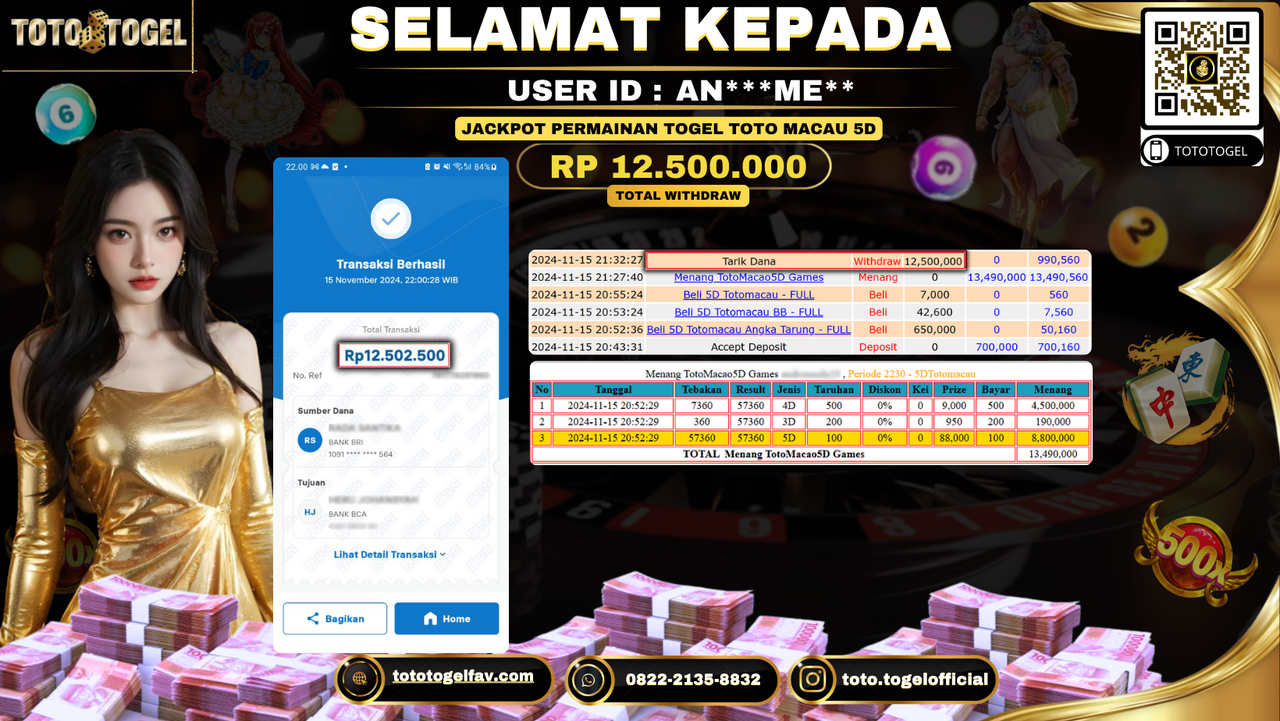 Bukti Pembayaran Jackpot Permainan Togel Toto Macau 5D ID: AN**ME** LUNAS 