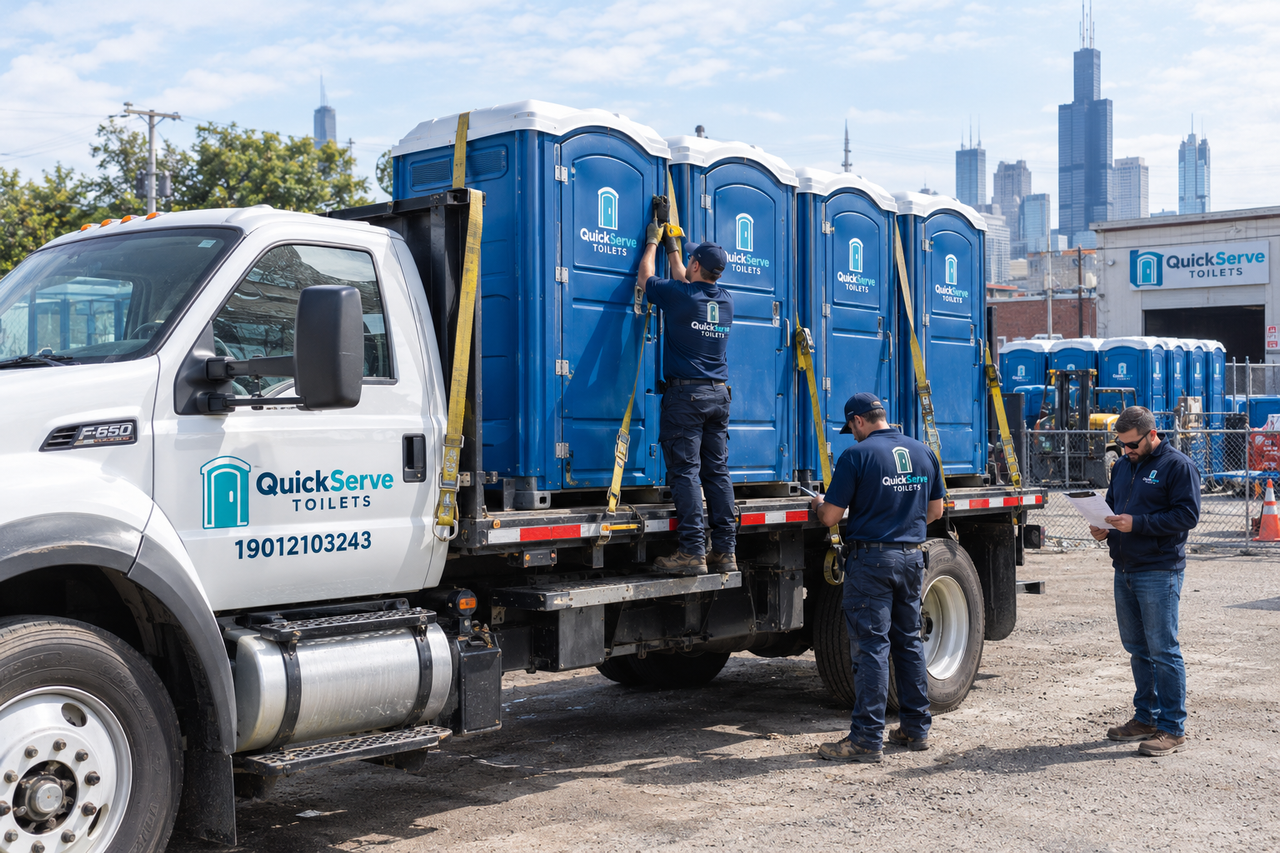 QuickServe Toilets portable toilet delivery truck in Chicago
