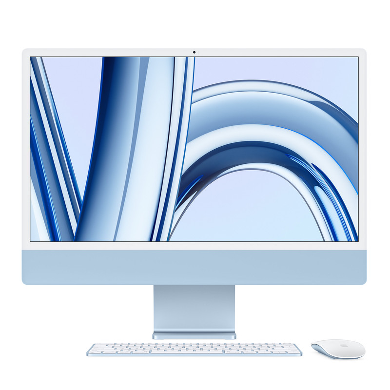 Apple iMac de 24 pulgadas en color azul, mostrando su diseño todo-en-uno.