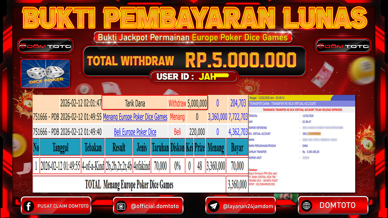 JACKPOT Menang Europe Poker Dice Games 12 FEBRUARI 2026