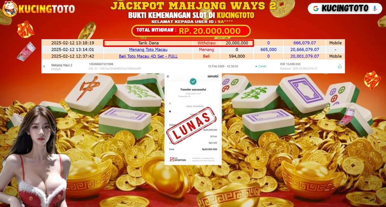 KUCINGTOTO JACKPOT SLOT MAHJONG WAYS RP.20.000.000.,- LUNAS