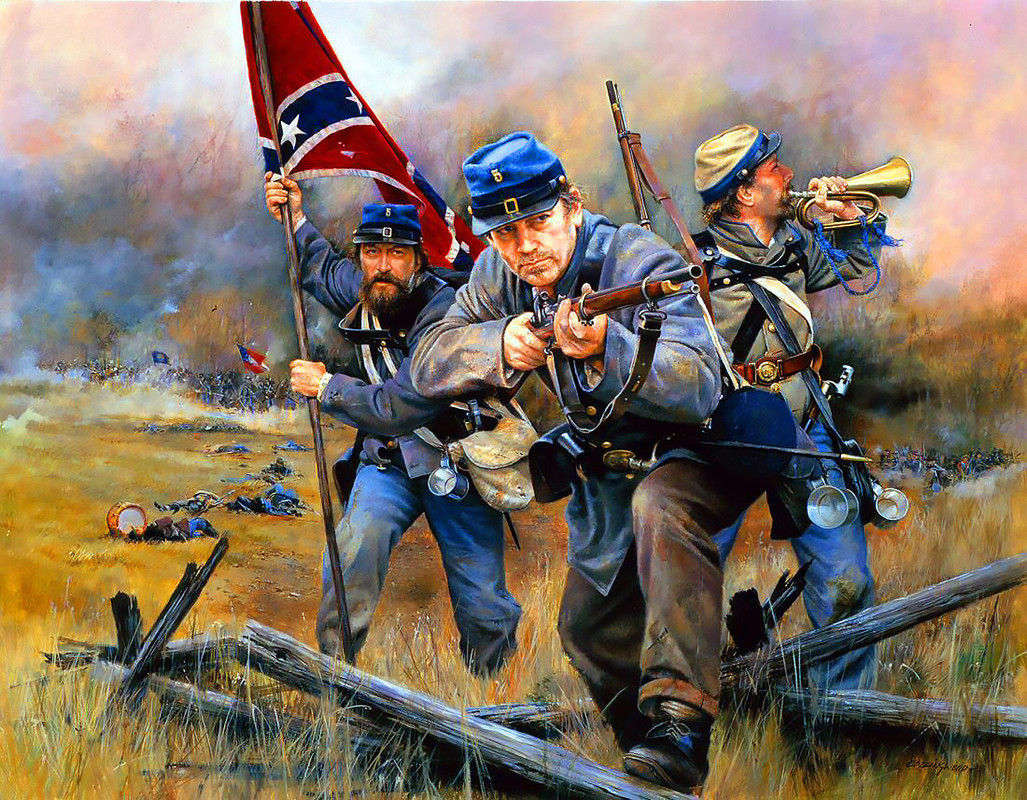 Civil americana,Carga rebelde, por Chris Collingwood,Representando a soldados del 5º regimiento de i