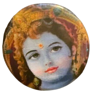a pin of an upclose image of a drawing of lord krishna