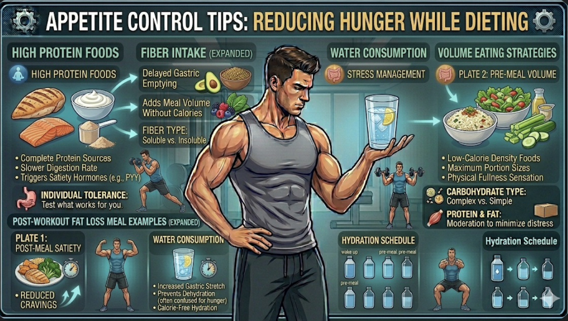 Appetite control tips infographic showing how to reduce hunger while dieting with high protein foods fiber water and volume eating