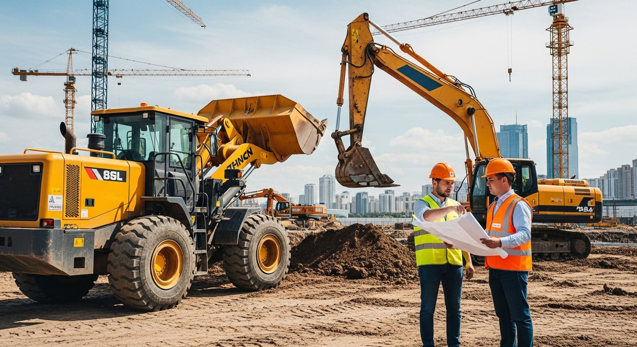 Китайский фронтальный погрузчик и экскаватор на строительной площадке в России, техника в процессе работы, демонстрирующая лидерство китайских брендов на рынке